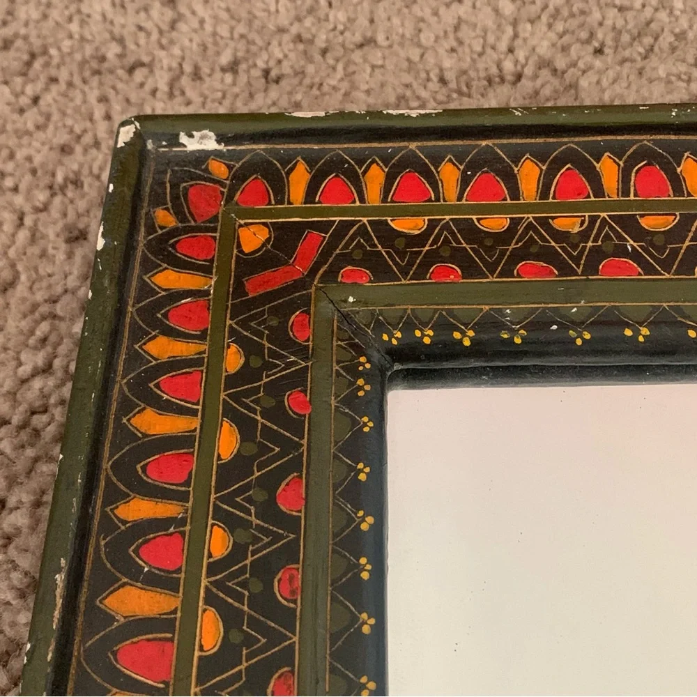 Vintage black ethnic fun colorful detailed hand painted wooden framed mirror